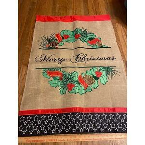 Large thick Merry Christmas burlap flag‎ stars stripes full sized 27x40”
